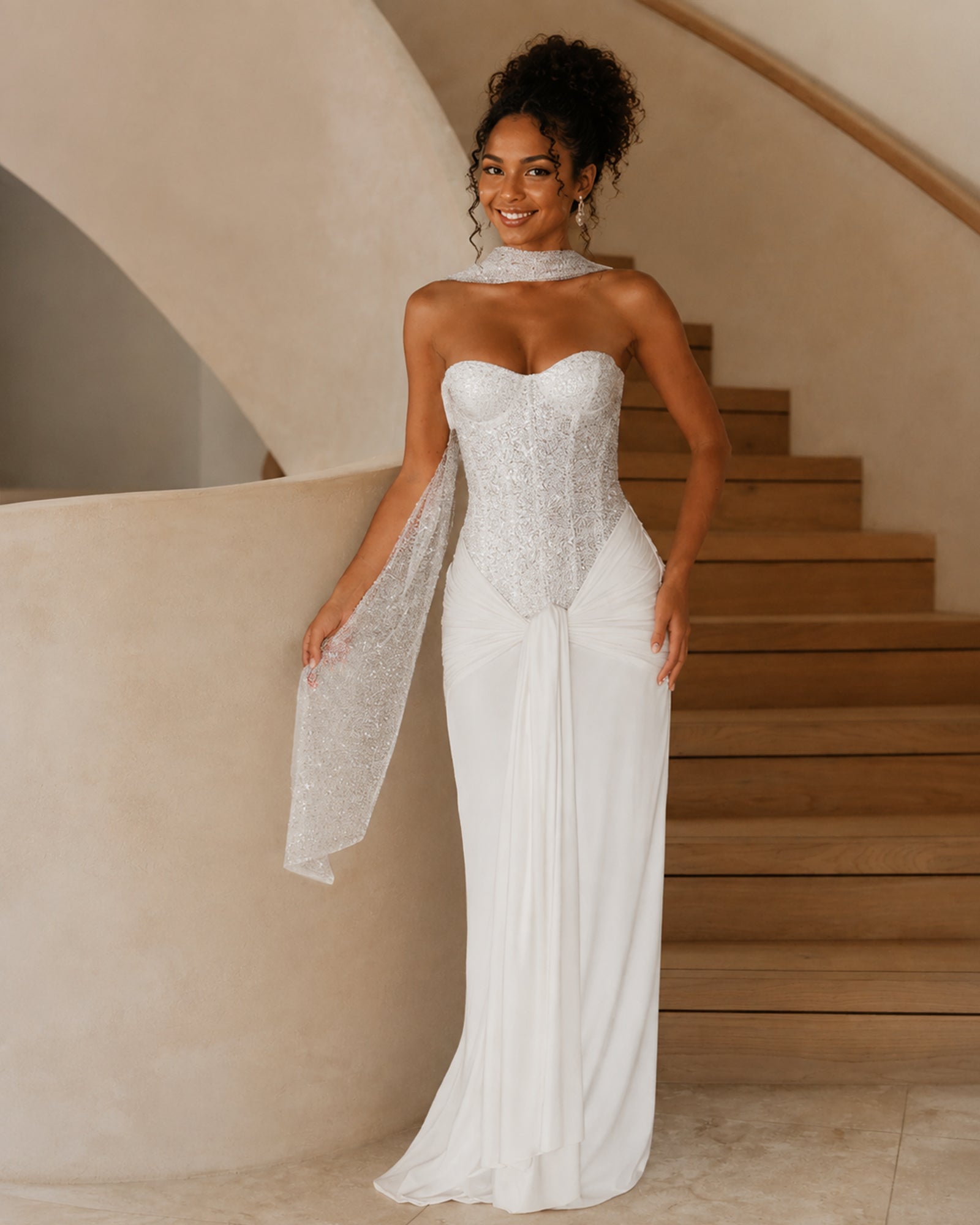 strapless sequin corset jersey prom dress with draped scarf detail - image 1