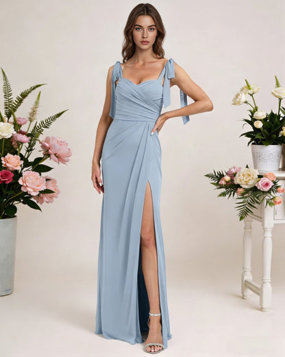 tie strap chiffon bridesmaid dress with square neck and high slit - image 1
