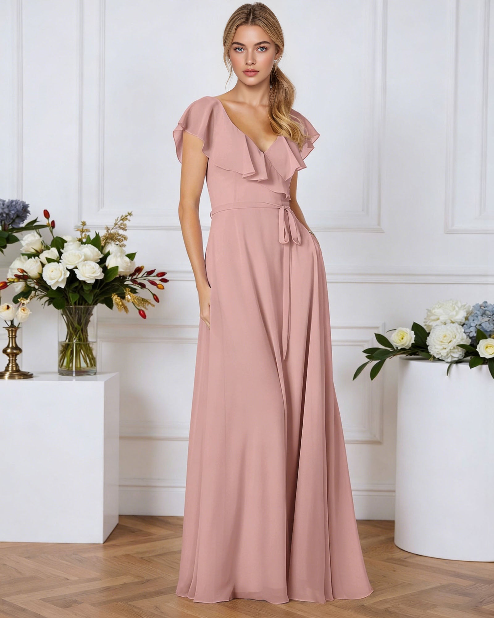 tie neck chiffon bridesmaid dress with flutter sleeves - image 1