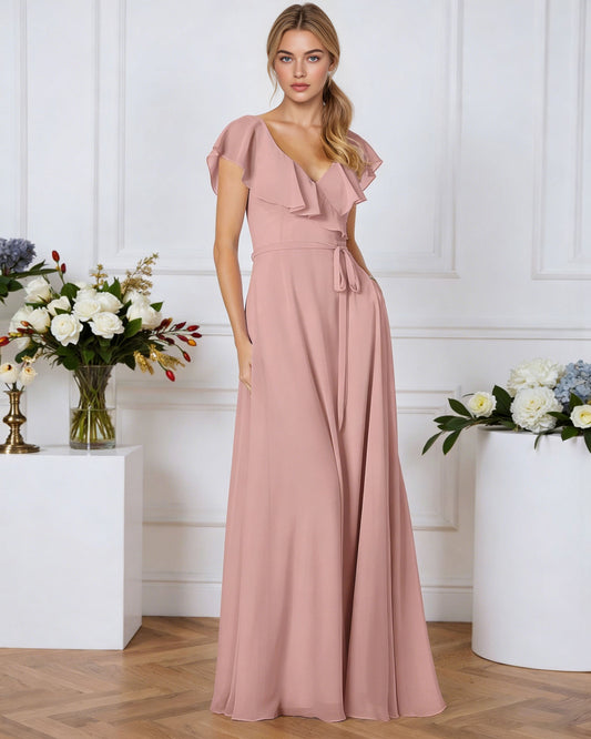 tie neck chiffon bridesmaid dress with flutter sleeves - image 1