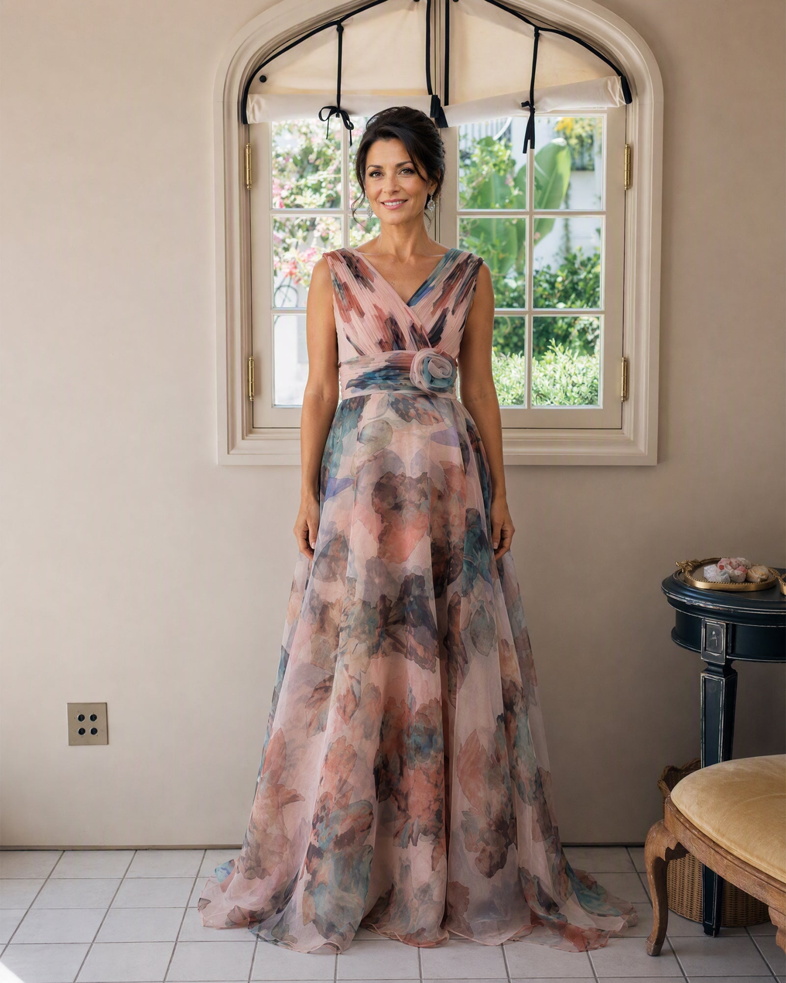 Floral Print V-Neck Chiffon Mother of the Bride Dress with Rosette Sash - full-length front view of floral print dress