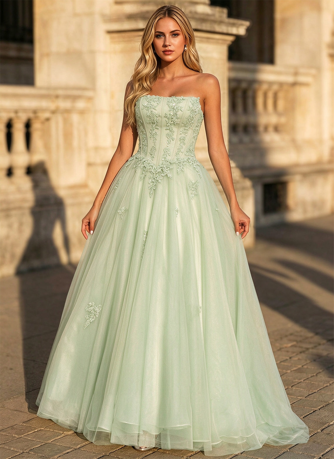 Strapless Corset Tulle Ball Gown Floral Lace Applique Prom Dress
