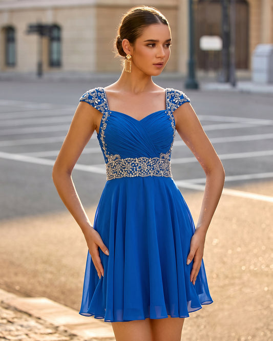 bright blue sweetheart ruched chiffon short homecoming dress with beaded cap sleeves - image 1