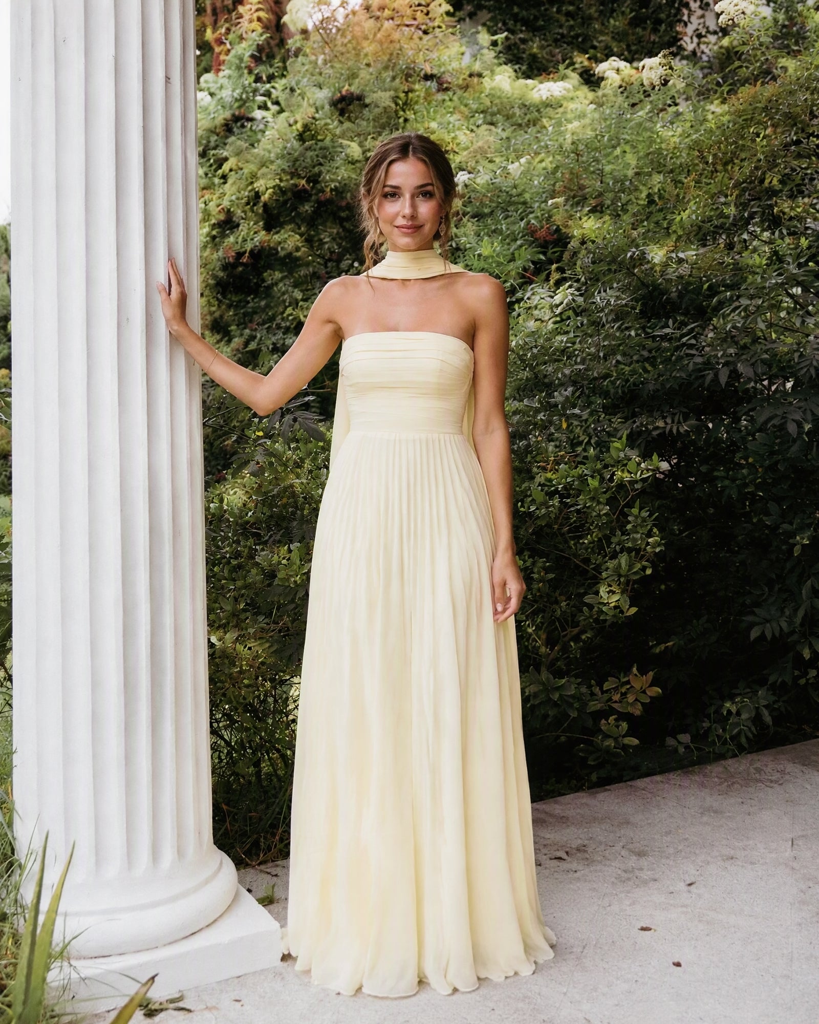 strapless chiffon a-line bridesmaid dress with neck scarf and lace-up back - front view with neck scarf