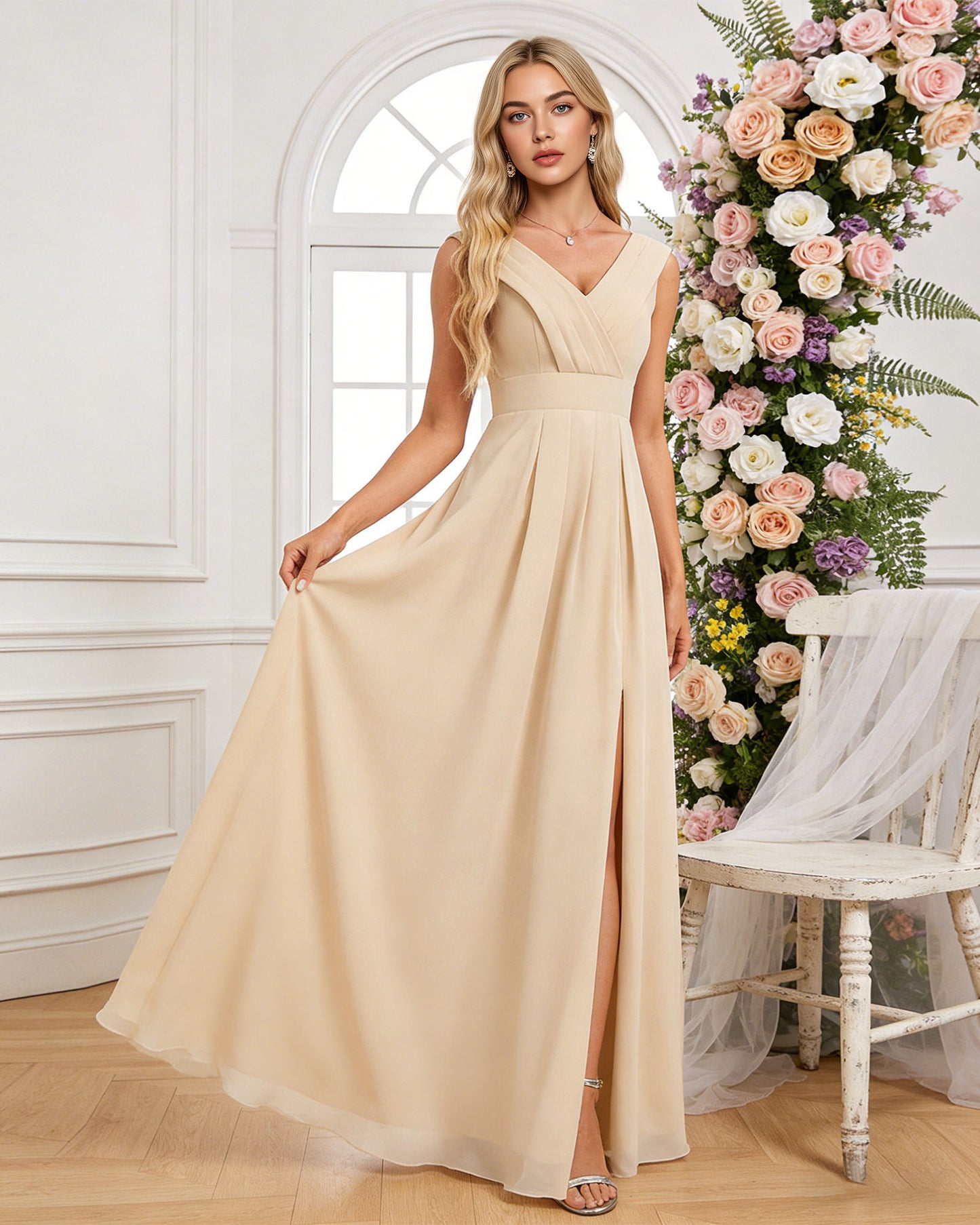 surplice V-neck chiffon bridesmaid dress with A-line slit dress - image 1