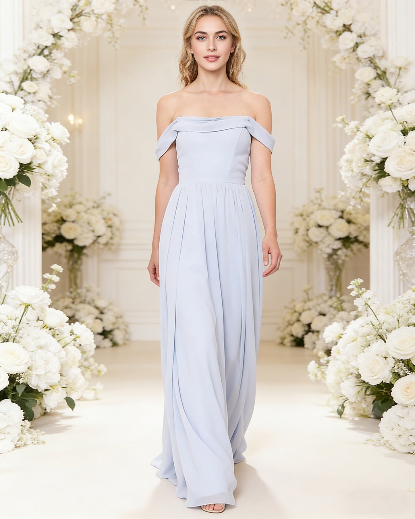 off shoulder pleated chiffon bridesmaid dress with flowing A-line skirt - image 2