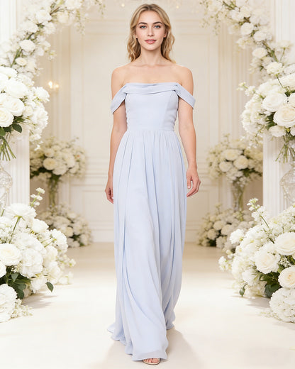 off shoulder pleated chiffon bridesmaid dress with flowing A-line skirt - image 2