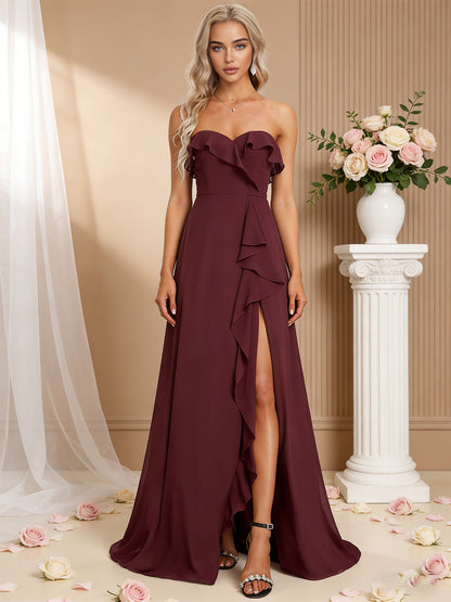 strapless chiffon bridesmaid dress with bow bodice and front slit - image 1
