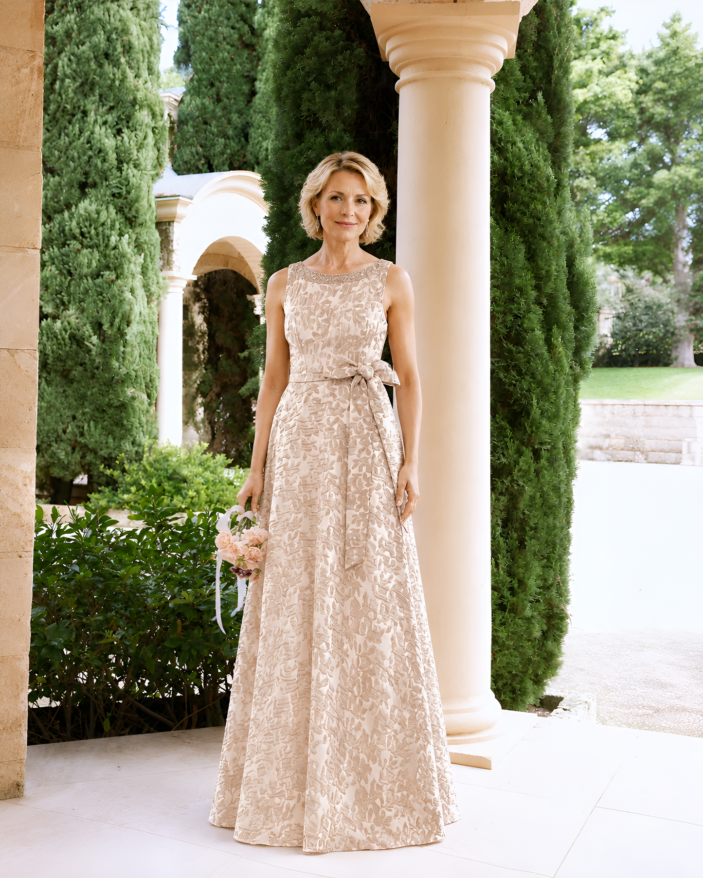 Sleeveless Lace A-Line Mother of the Bride Dress with Sash Bow - front full-length view
