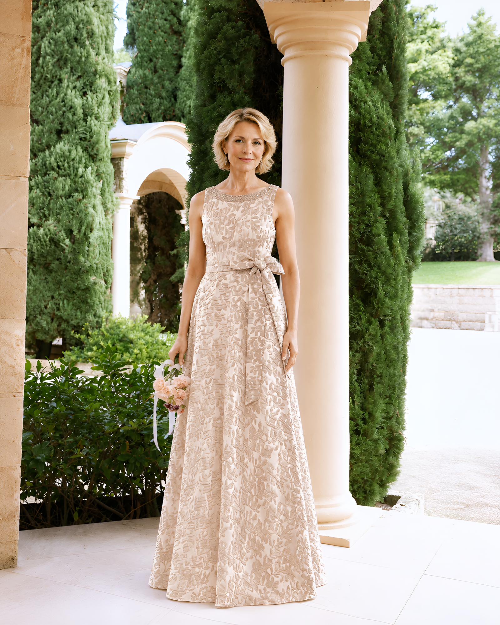 Sleeveless Lace A-Line Mother of the Bride Dress with Sash Bow - front full-length view