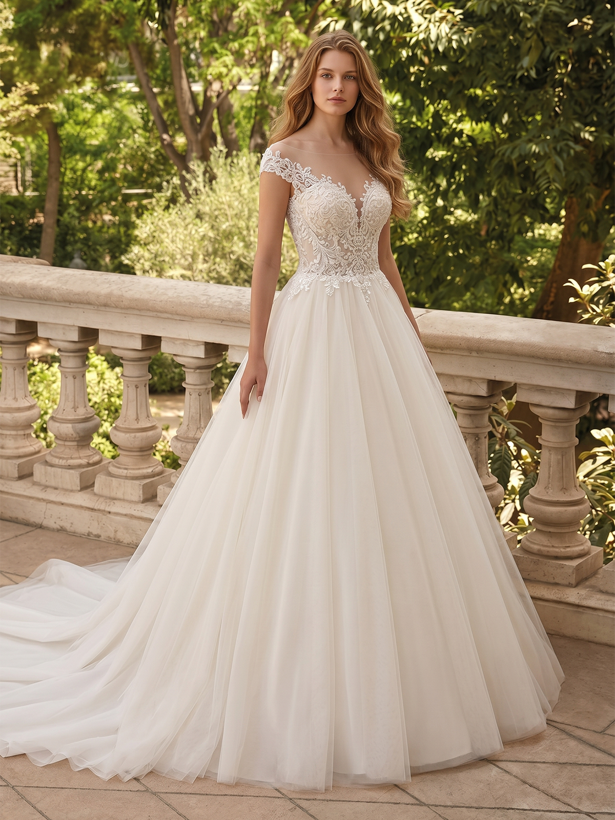 spaghetti strap lace tulle ball gown wedding dress with floral bodice - image 1