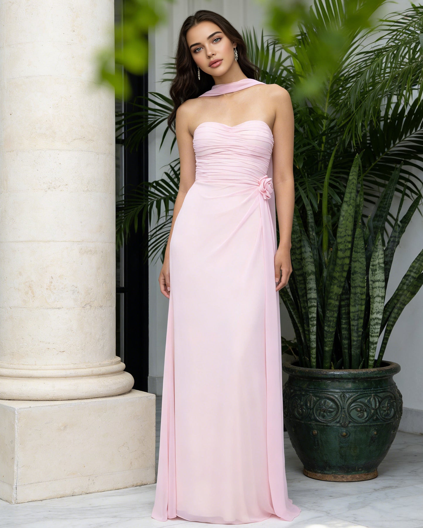 strapless chiffon bridesmaid dress with wrapped bodice and slit skirt - image 2