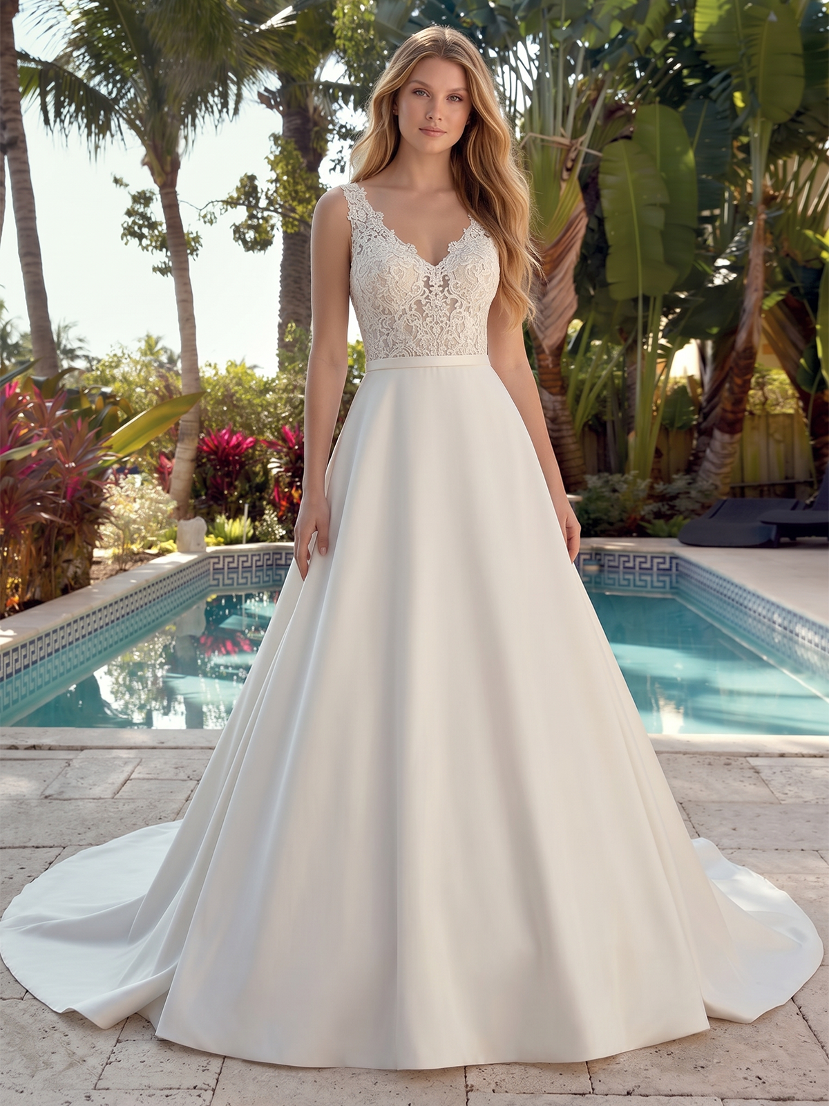 V-neck satin A-line wedding dress with lace bodice and train - image 1