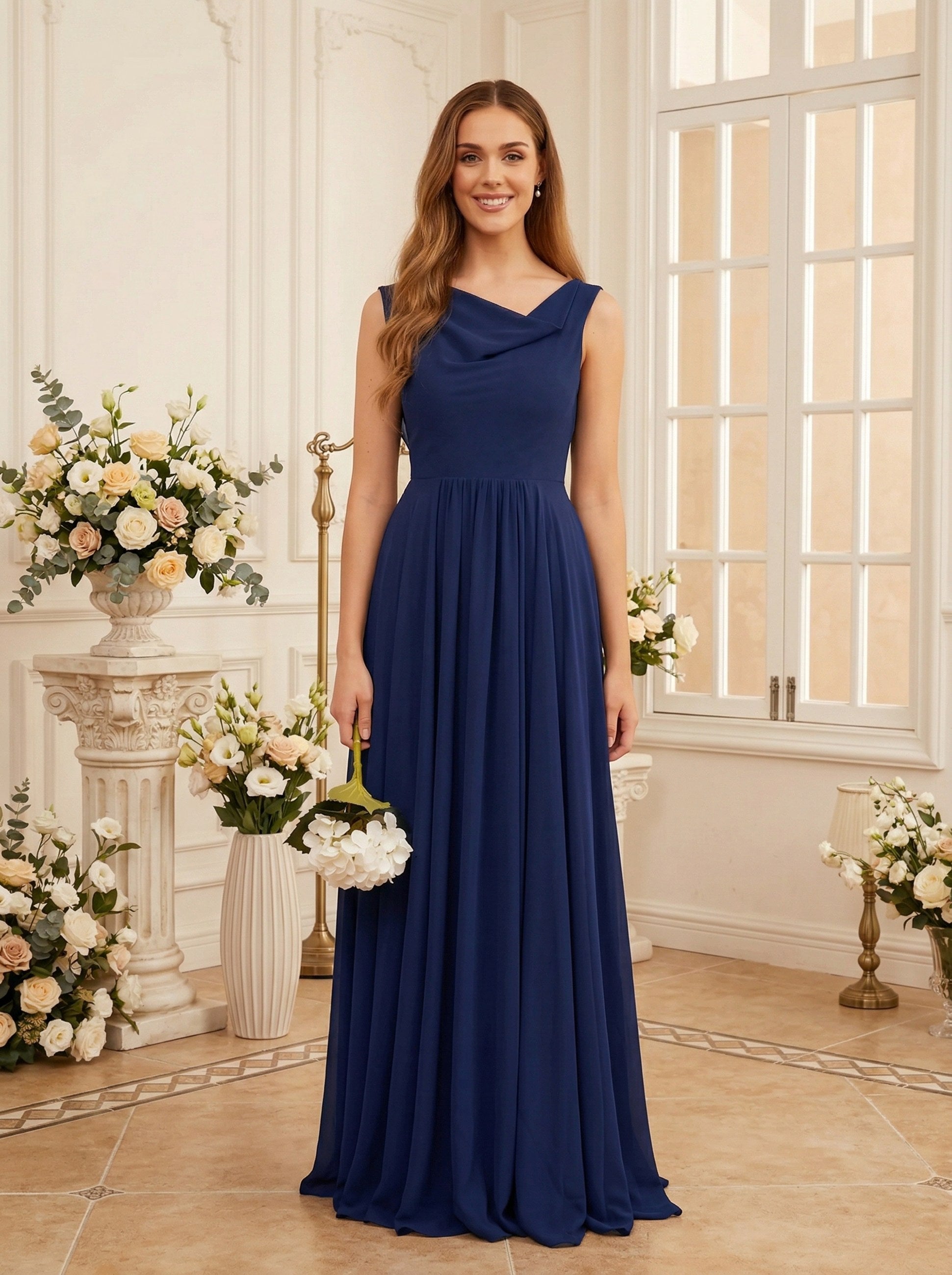 jewel neck sleeveless chiffon bridesmaid dress with pleated dress - image 1