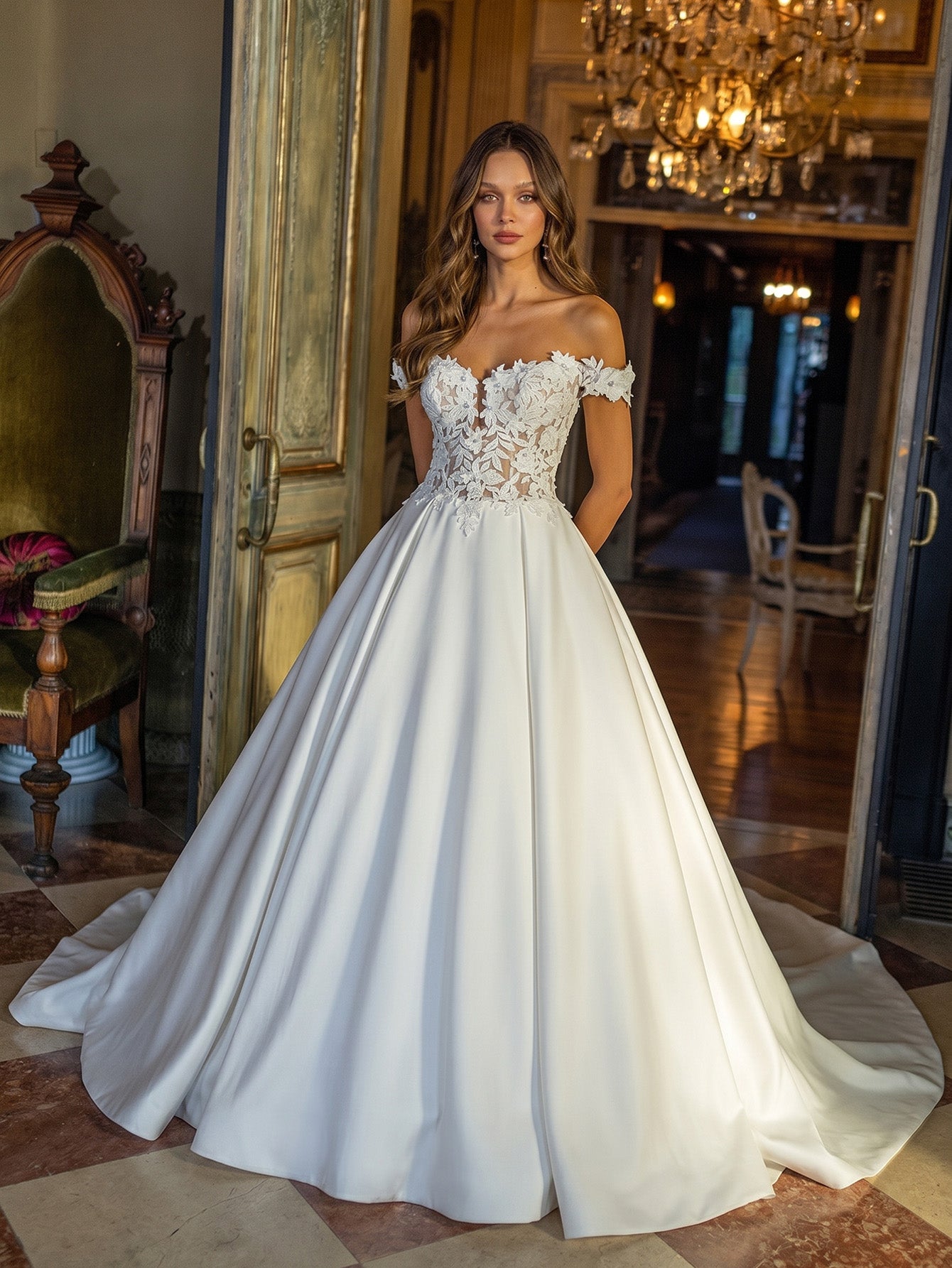 off shoulder satin ball gown wedding dress with beaded lace bodice - image 1
