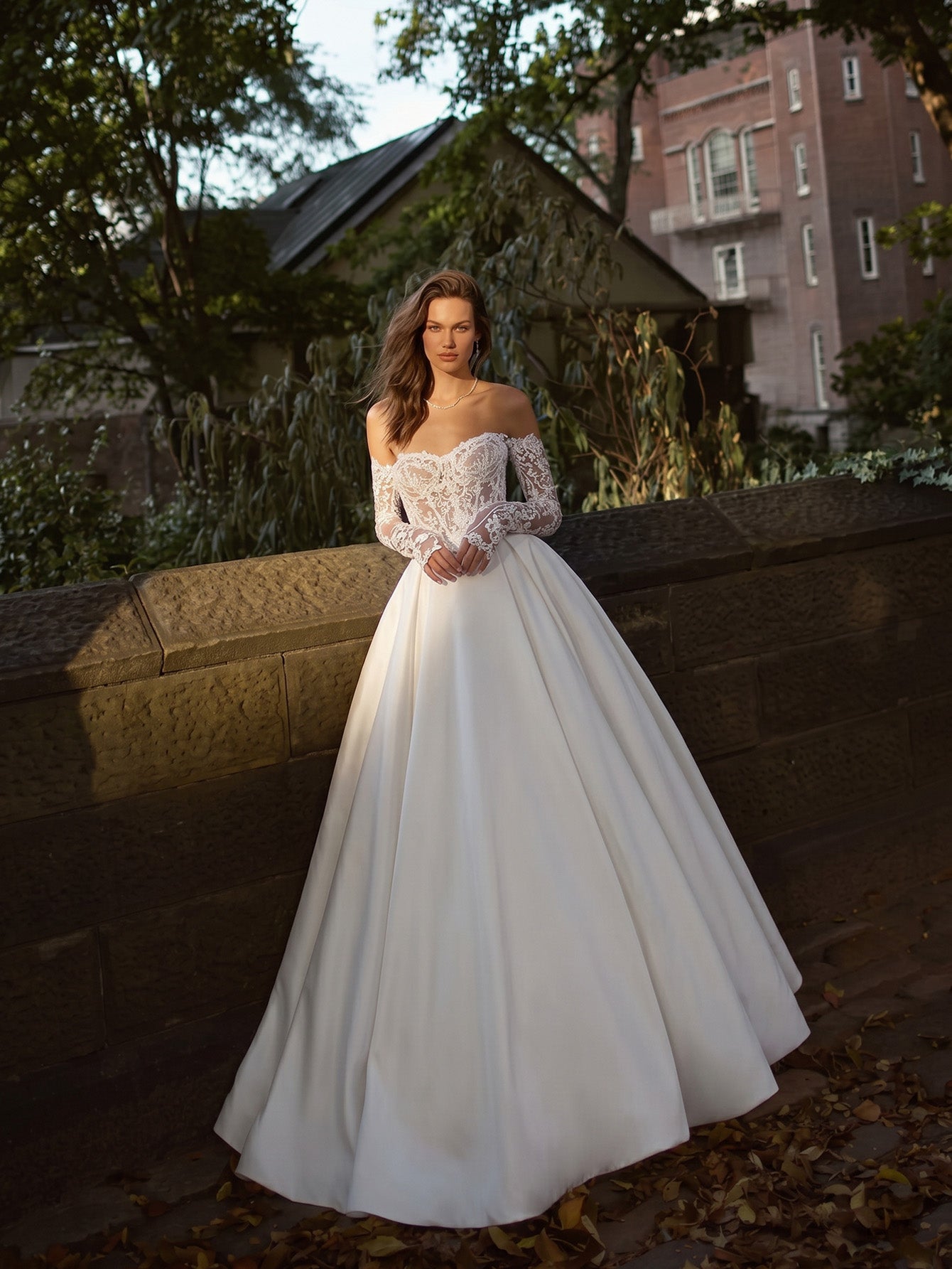 off shoulder lace ball gown wedding dress with long sleeve bodice - image 1