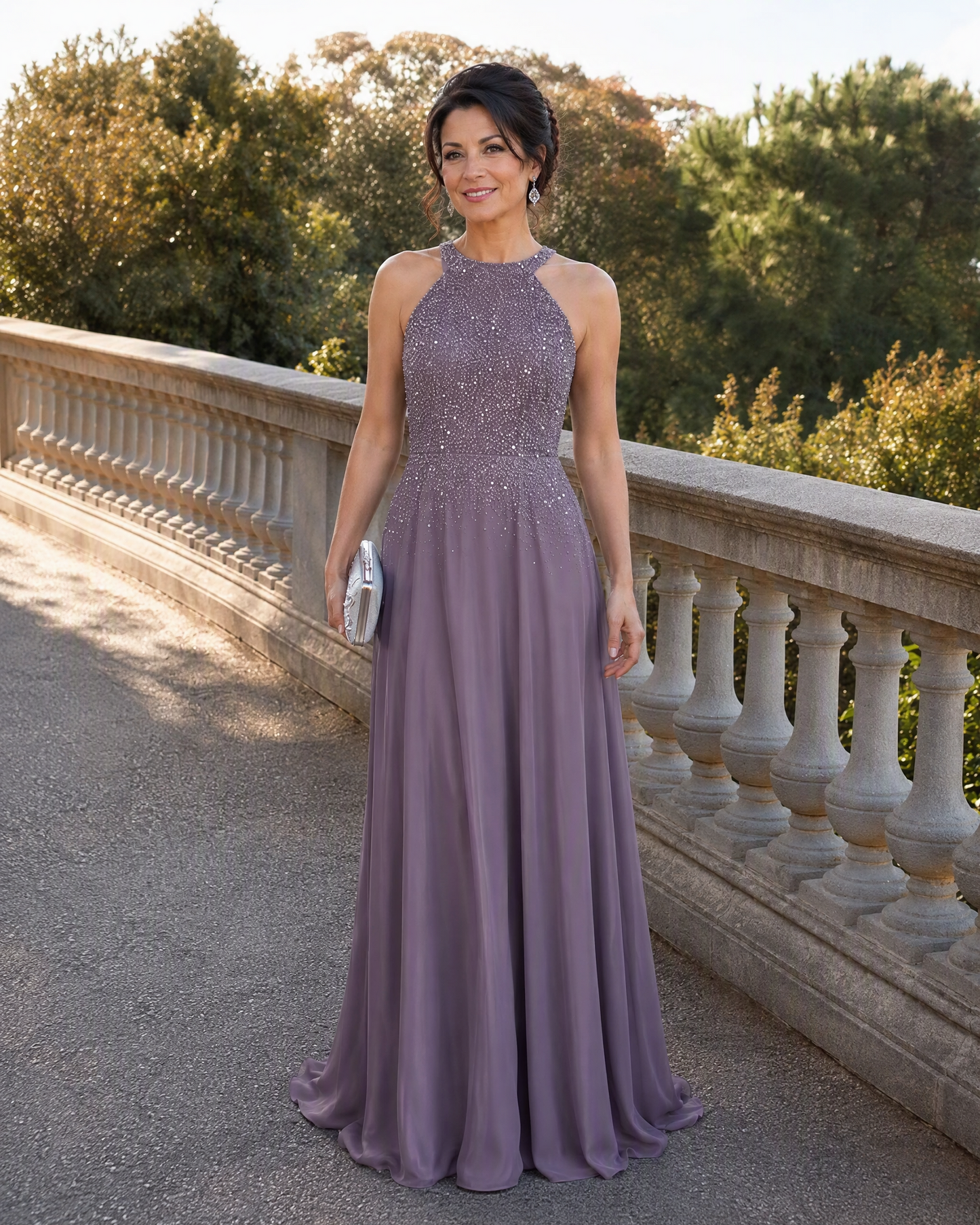 Halter Neck Sequin Chiffon A-Line Mother of the Bride Dress - front full-length view