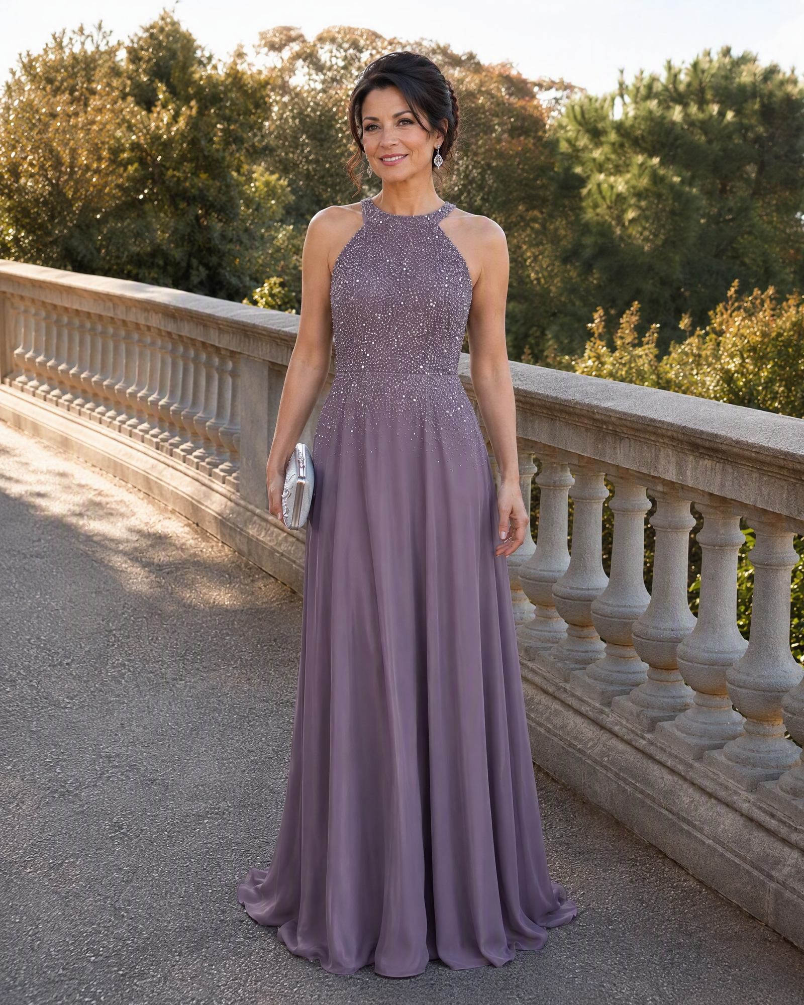 Halter Neck Sequin Chiffon A-Line Mother of the Bride Dress - front full-length view
