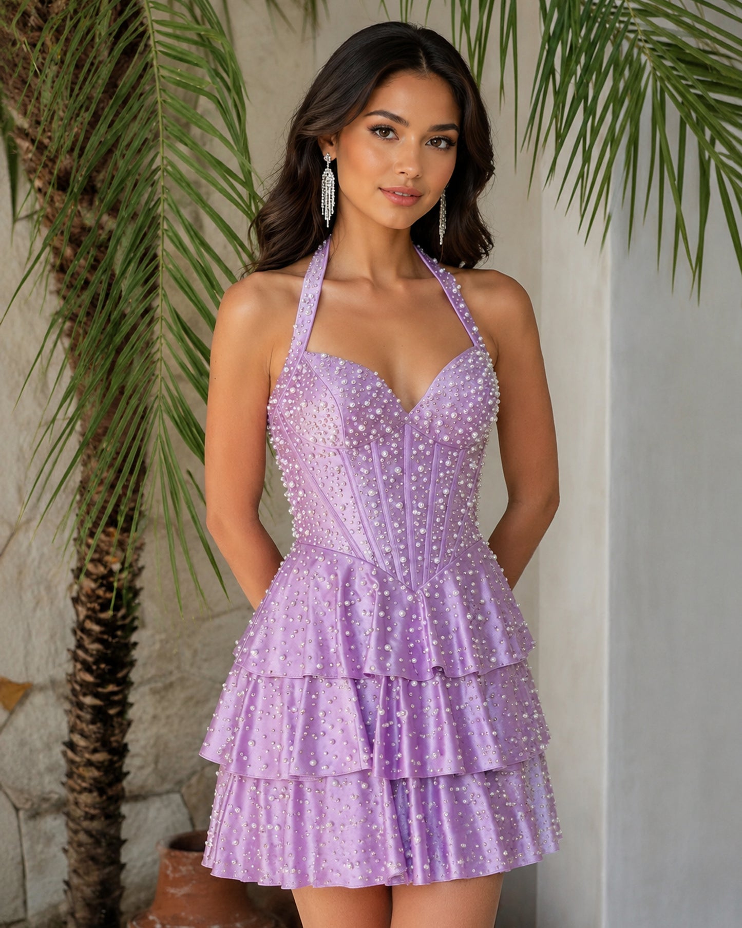 lilac halter beaded corset tiered homecoming dress - back view
