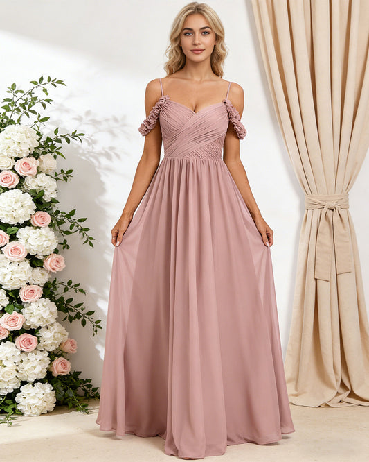 off shoulder lace applique bridesmaid dress with flowing chiffon dress - image 1