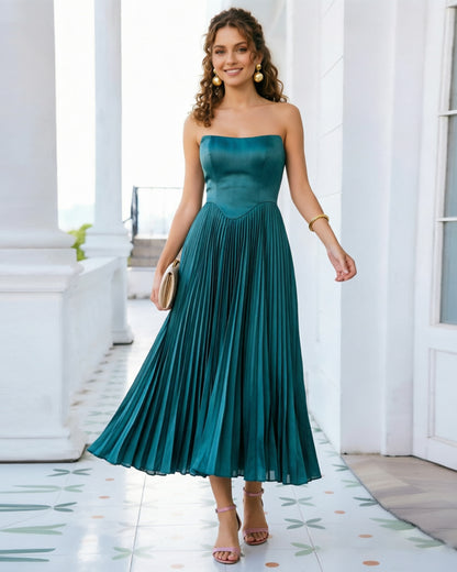 strapless corset tea length formal dress with pleated dress - image 1