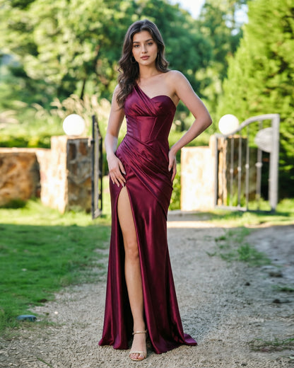 one shoulder satin formal dress with corset bodice and slit - image 1