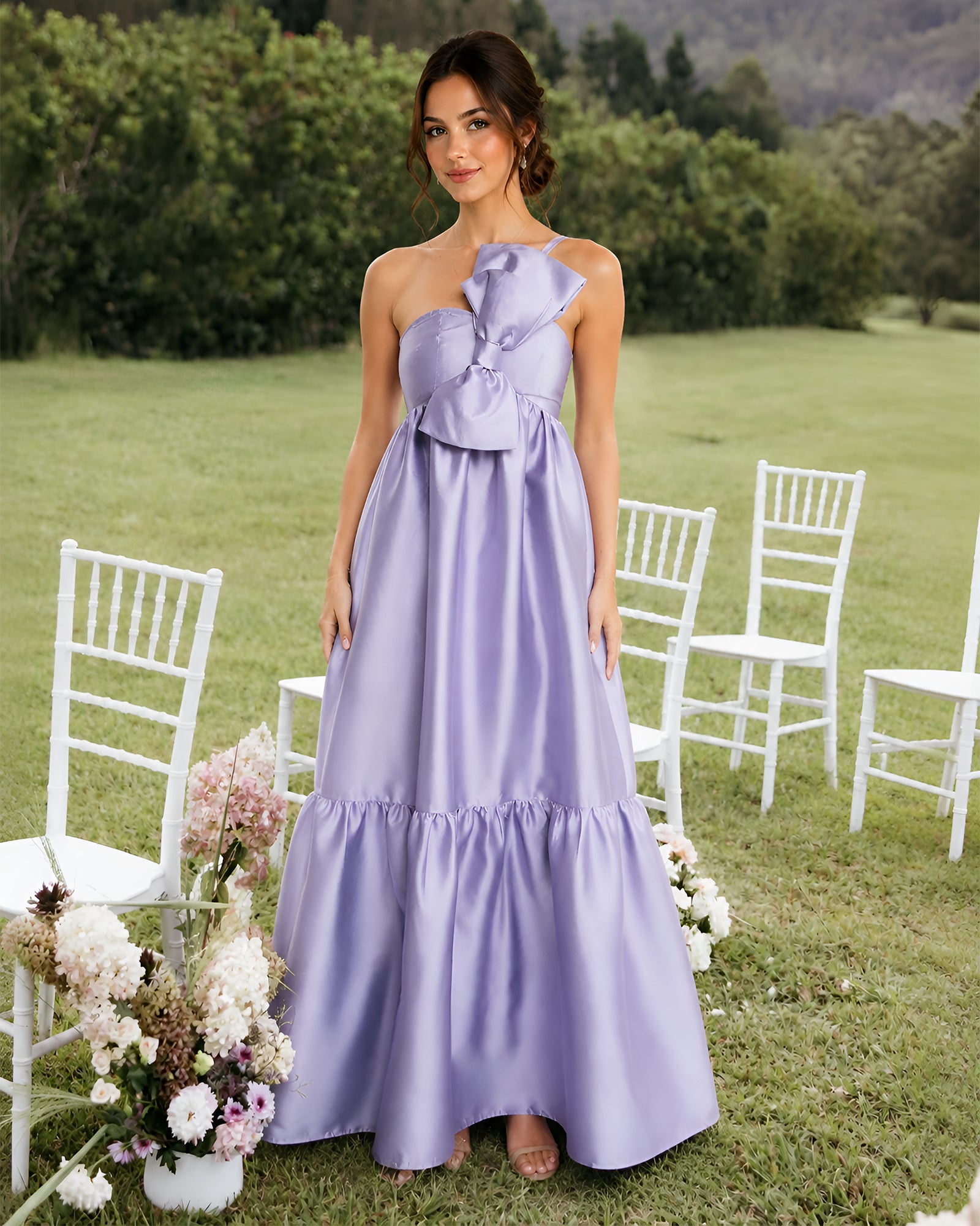 one-shoulder satin a-line bridesmaid dress with statement ruffle - front view
