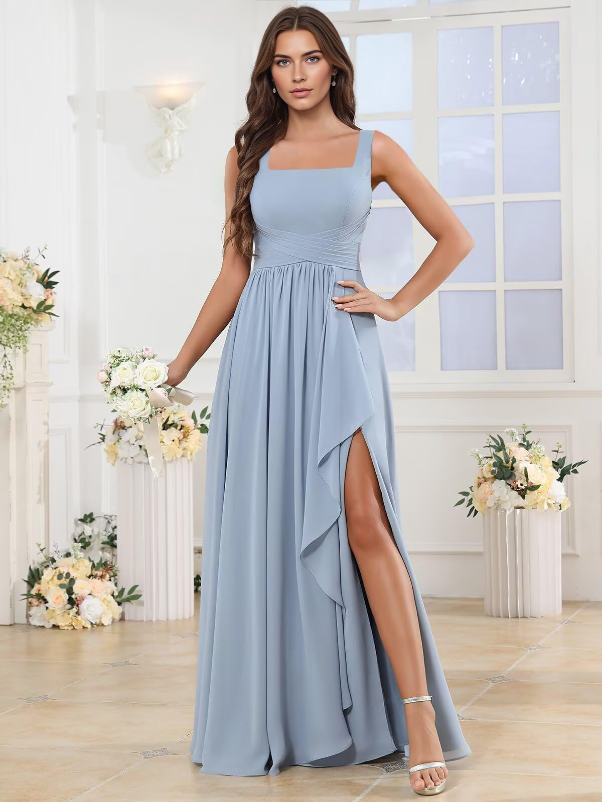 square neck chiffon bridesmaid dress with corset back and slit - image 1