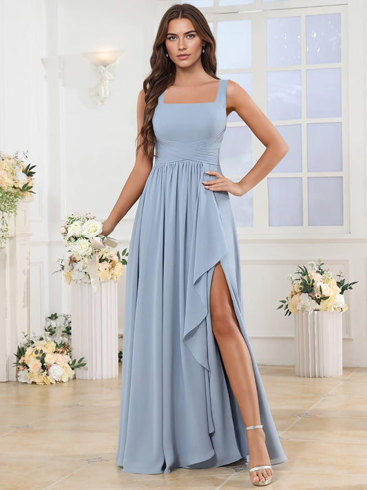 square neck chiffon bridesmaid dress with corset back and slit - image 1
