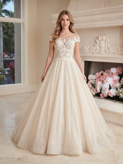 off shoulder lace tulle ball gown wedding dress with sweetheart neckline - image 1