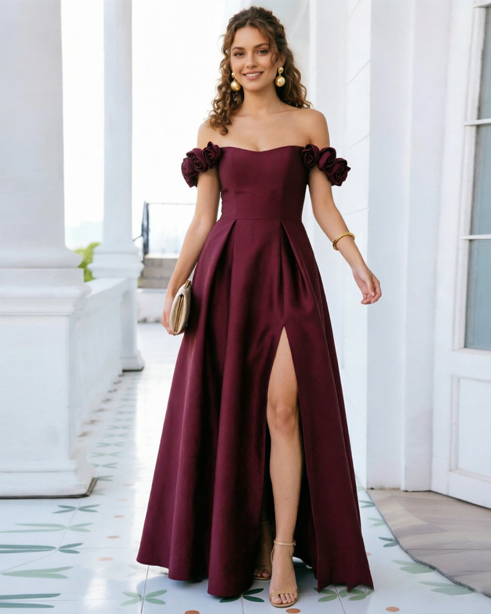 off shoulder floral sleeve satin formal dress with side slit - image 1