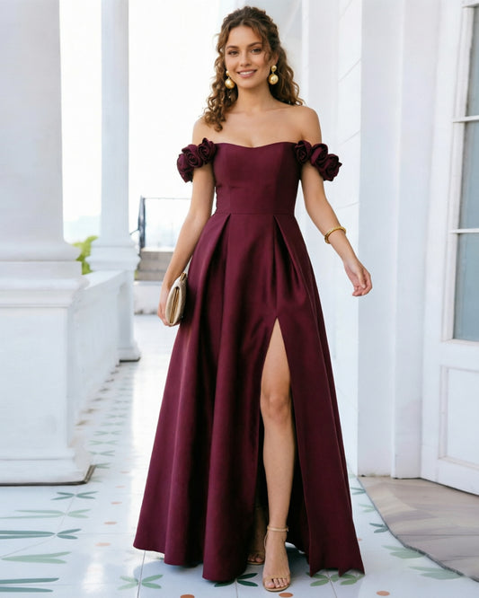 off shoulder floral sleeve satin formal dress with side slit - image 1