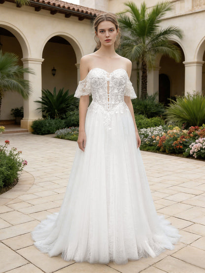 off shoulder lace tulle A-line wedding dress with flutter sleeve - image 1