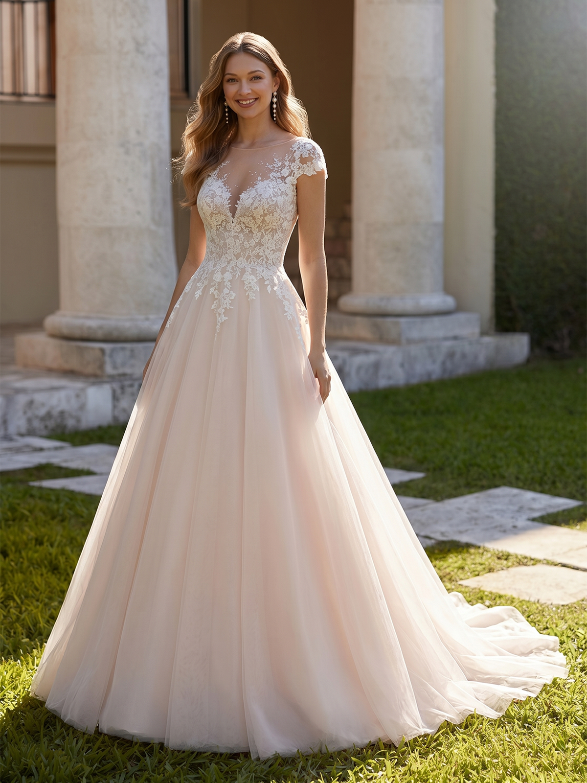cap sleeve lace tulle A-line wedding dress with V-neck bodice - image 1