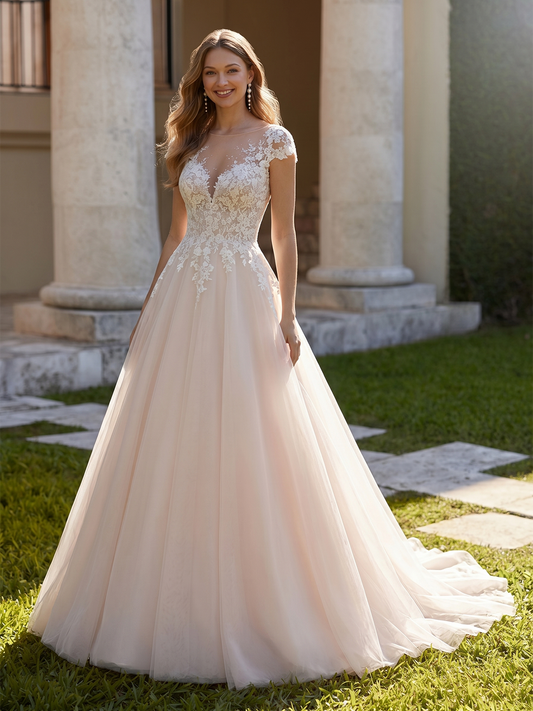 cap sleeve lace tulle A-line wedding dress with V-neck bodice - image 1