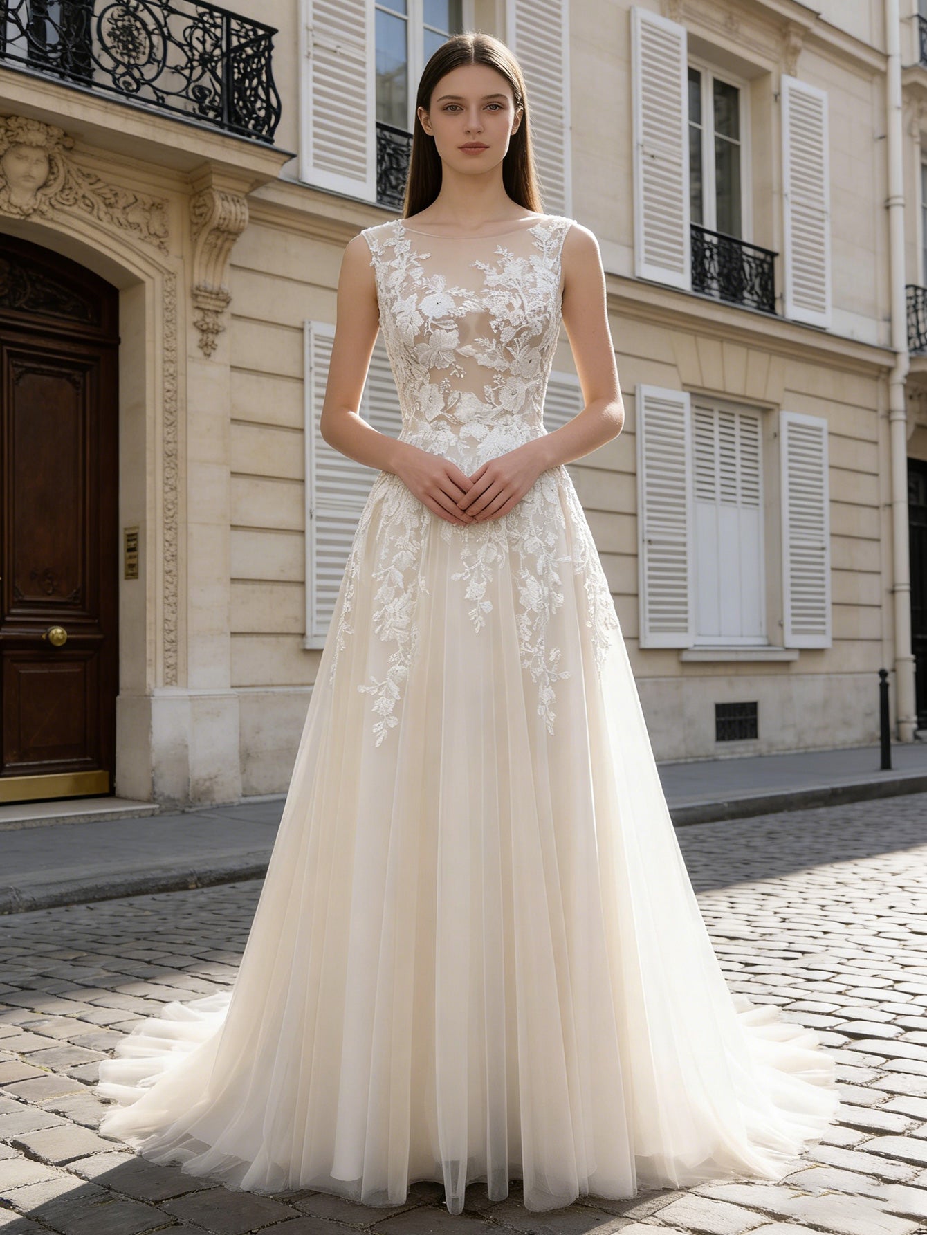 long sleeve lace A-line wedding dress with illusion neckline - image 1