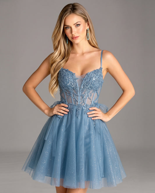 sheer corset lace applique glitter tulle homecoming dress - view 1