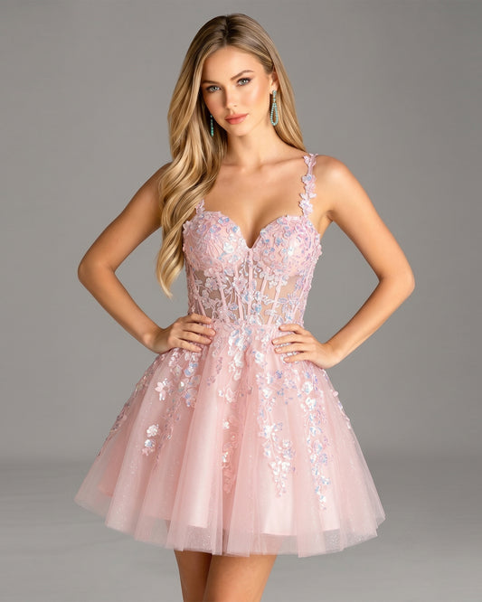 floral applique glitter tulle corset homecoming dress - view 1