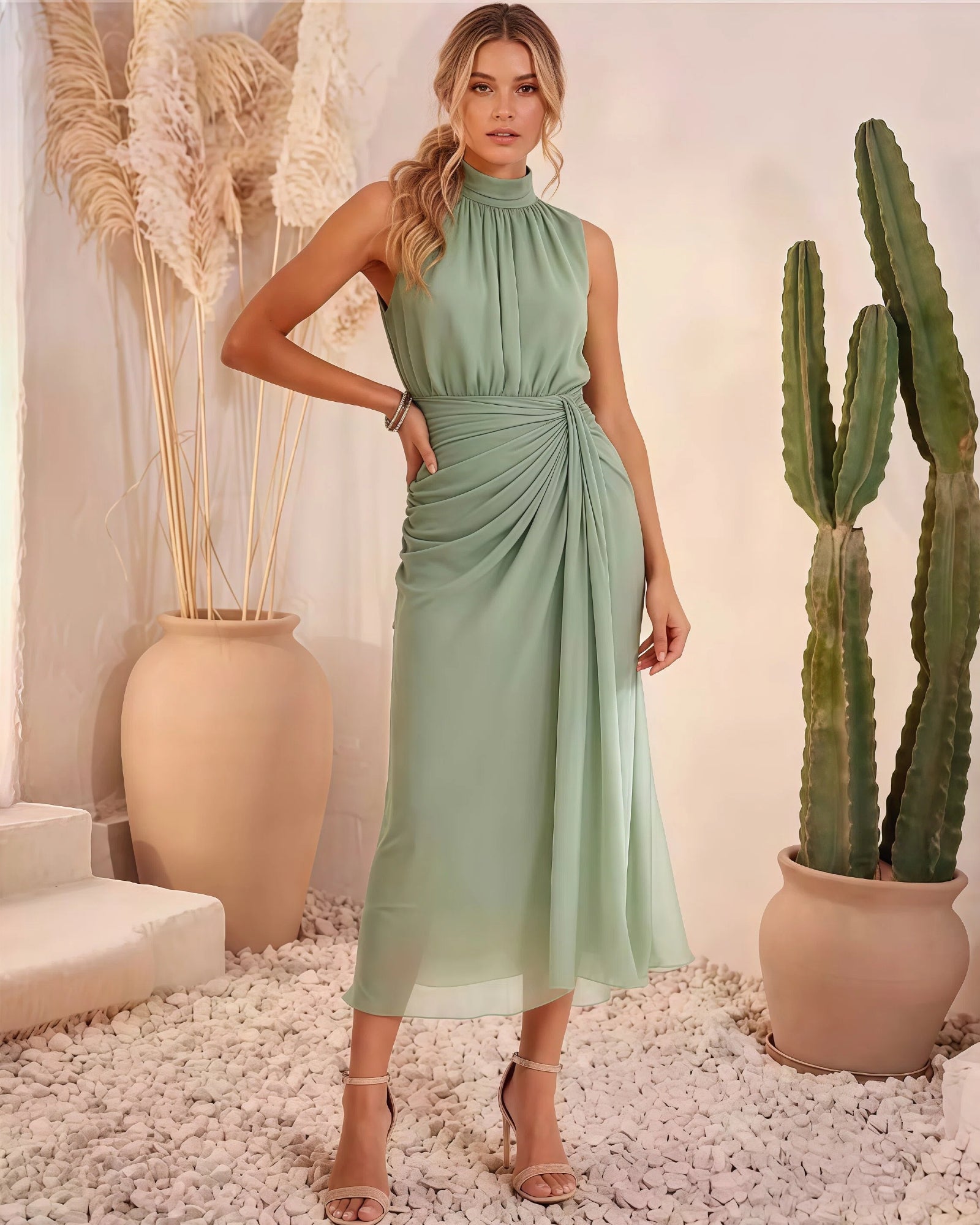 sage green high neck chiffon midi formal dress with ruched waist - front full-length view - image 1