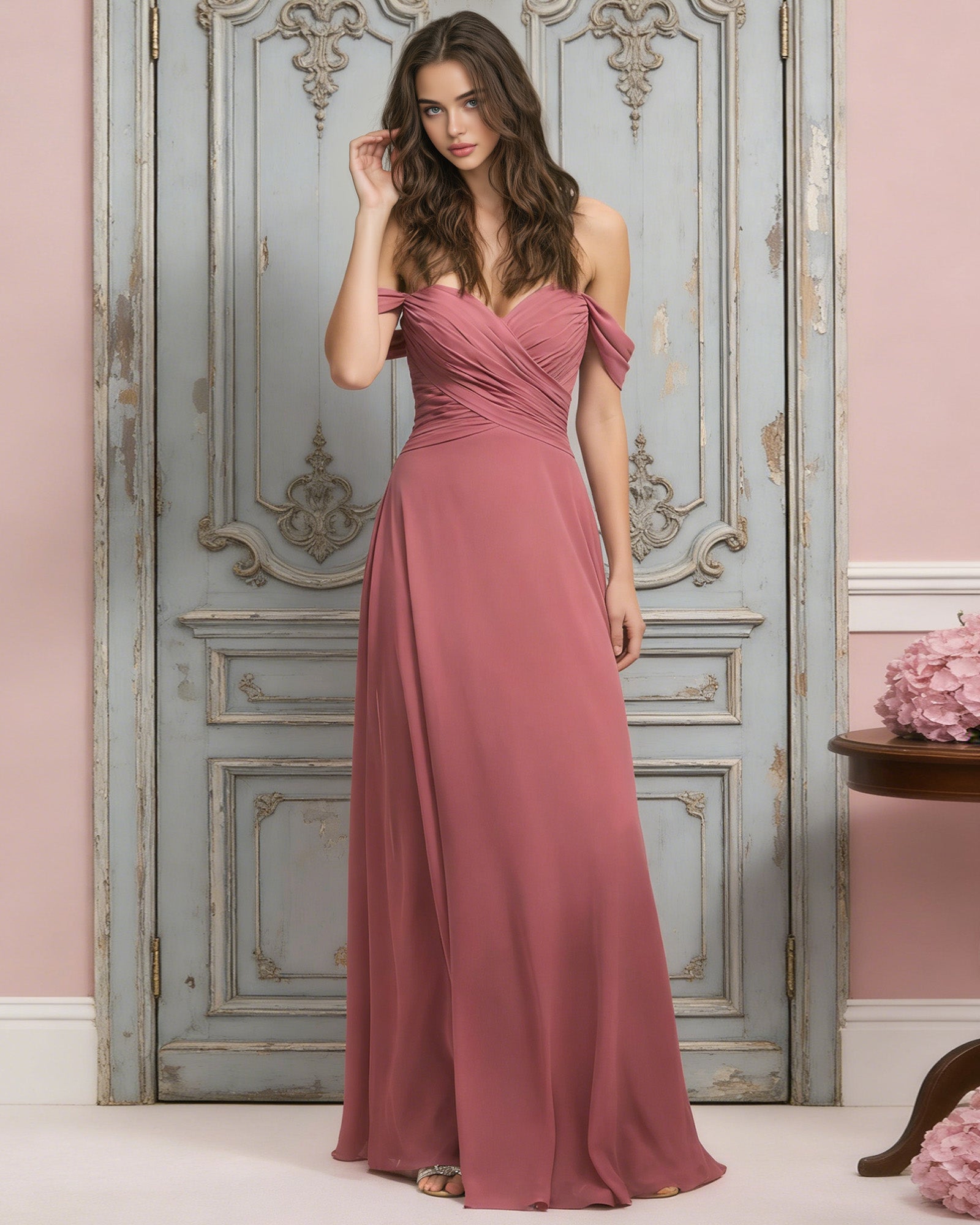 off shoulder chiffon bridesmaid dress with draped bodice and A-line skirt - image 2
