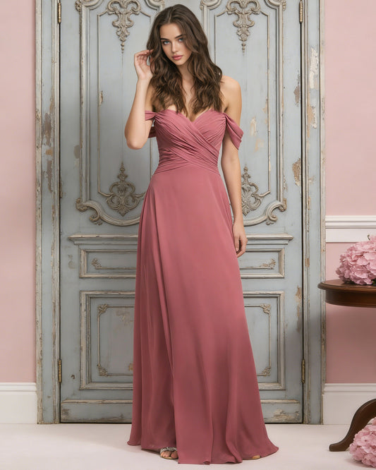 off shoulder chiffon bridesmaid dress with draped bodice and A-line skirt - image 2