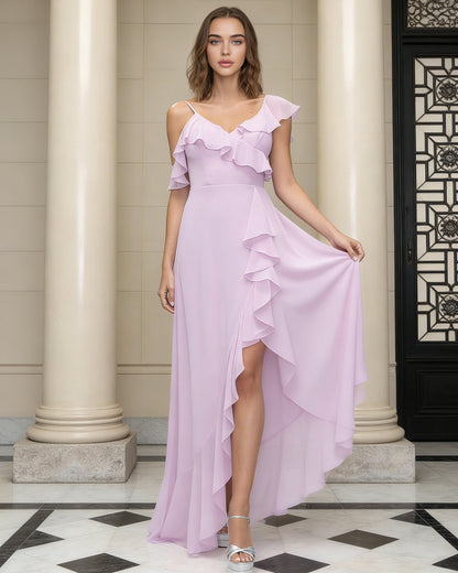 asymmetrical ruffle chiffon bridesmaid dress with high low slit - image 2