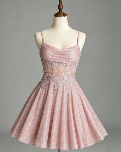 spaghetti strap lace corset glitter A-line homecoming dress - view 1