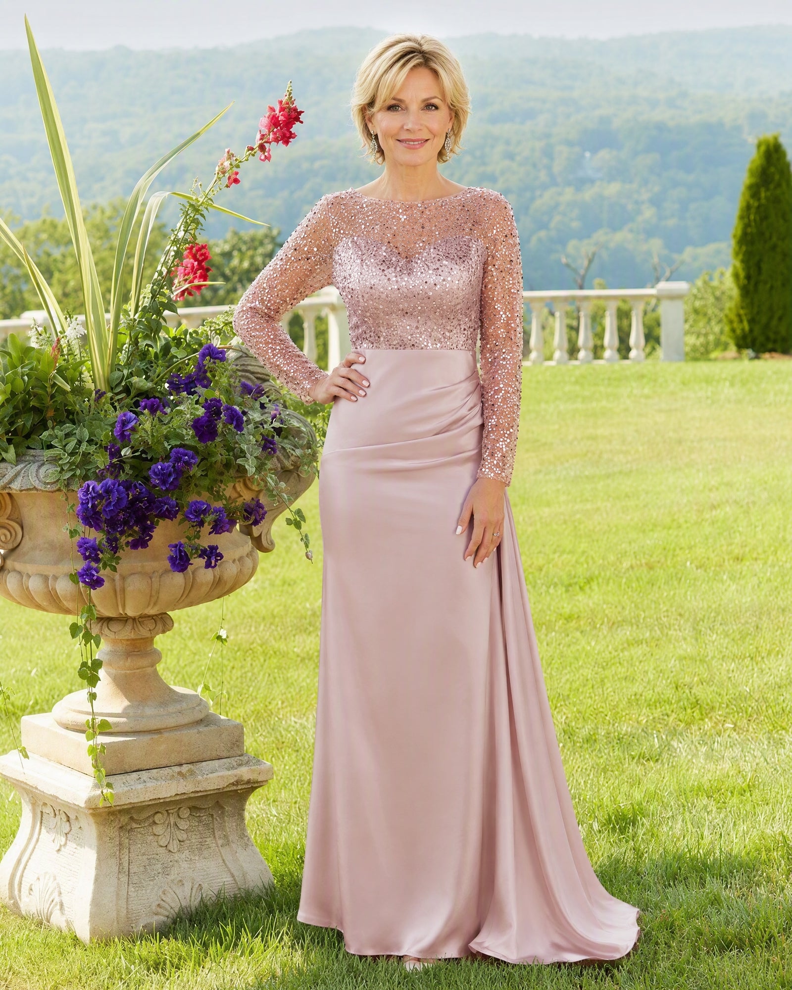 Illusion Lace Long Sleeve Mermaid Mother of the Bride Dress - front full-length view