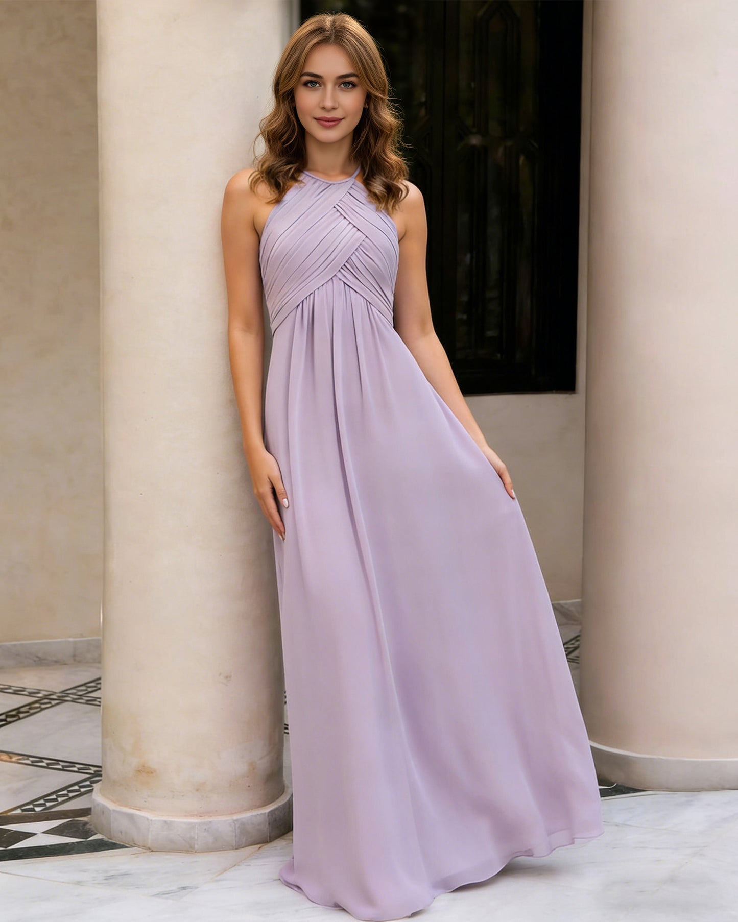 twist halter chiffon bridesmaid dress with keyhole bodice - image 1