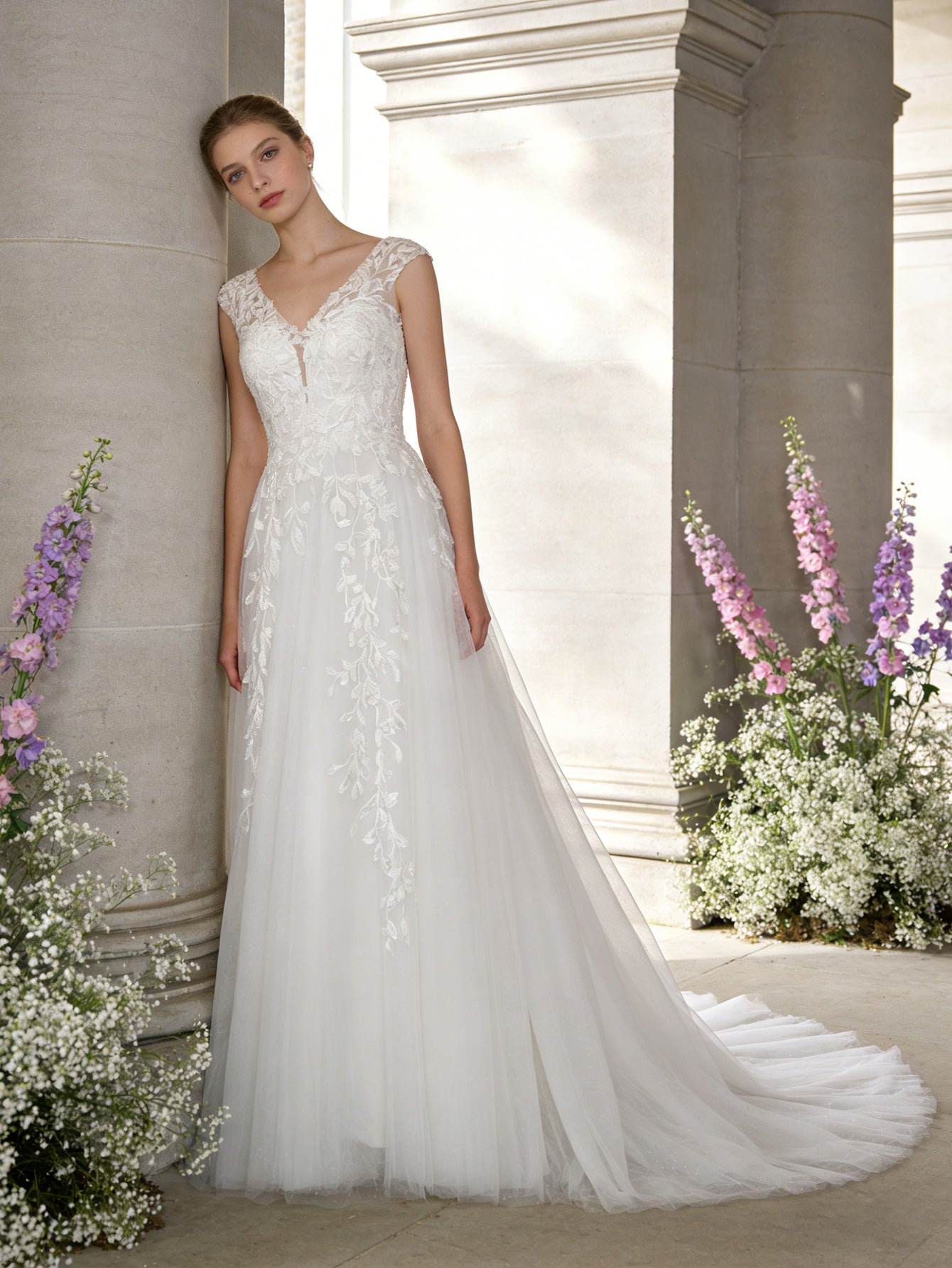 sleeveless V-neck lace sheath wedding dress with court train - image 1