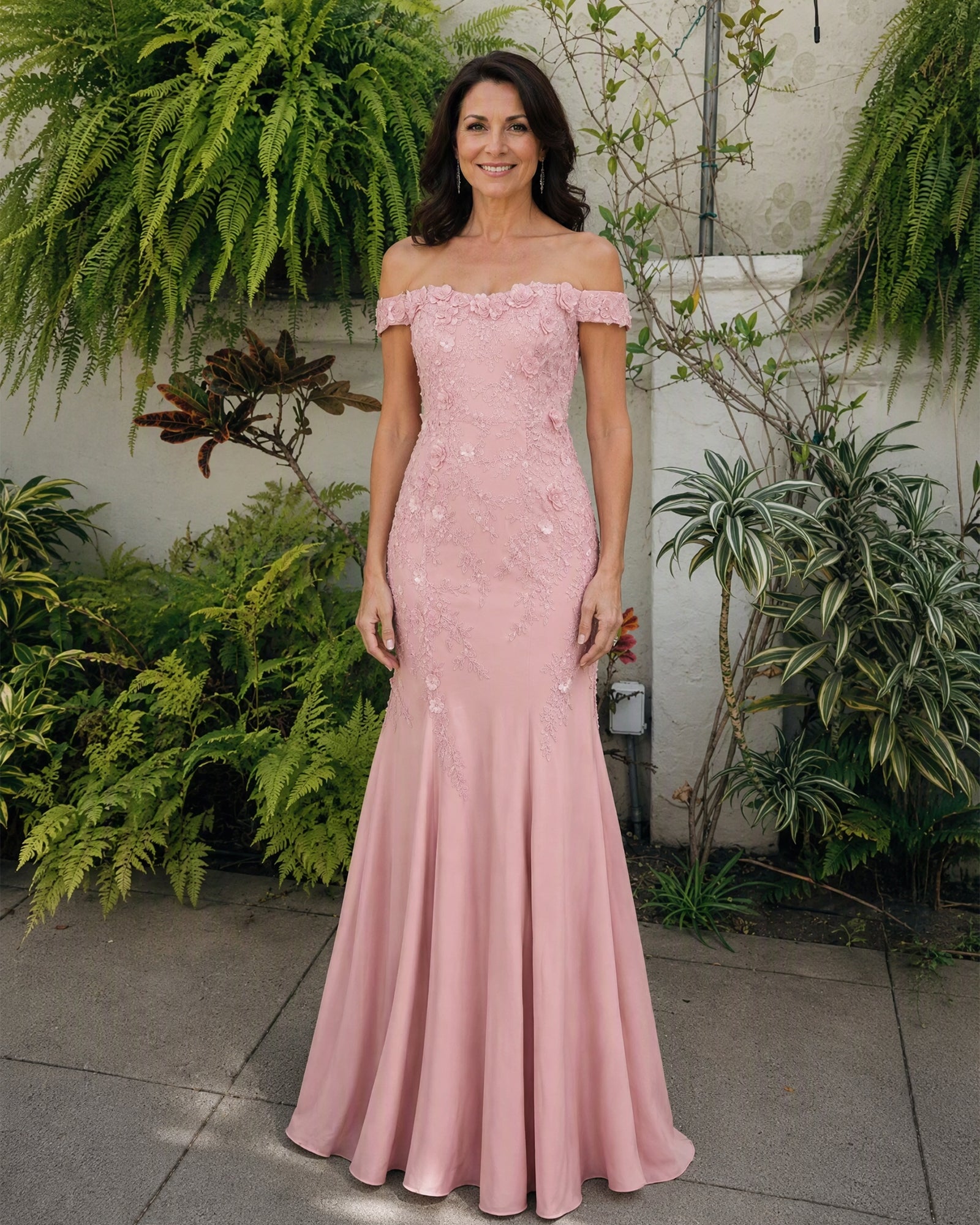 Scalloped Off-Shoulder Lace Mermaid Mother of the Bride Dress - full-length front view of off-shoulder dress