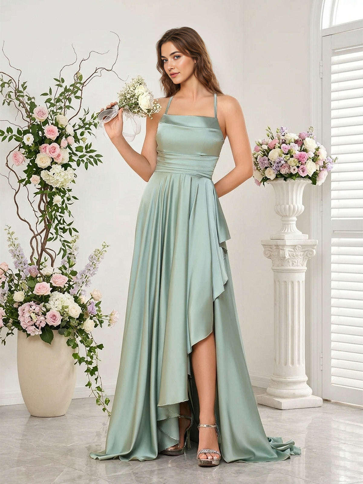 open back halter bridesmaid dress with high low overlay dress - image 1