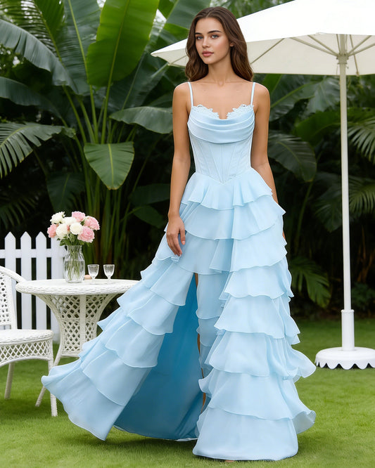 light blue spaghetti strap tiered chiffon A-line prom dress with ruffle dress - image 1