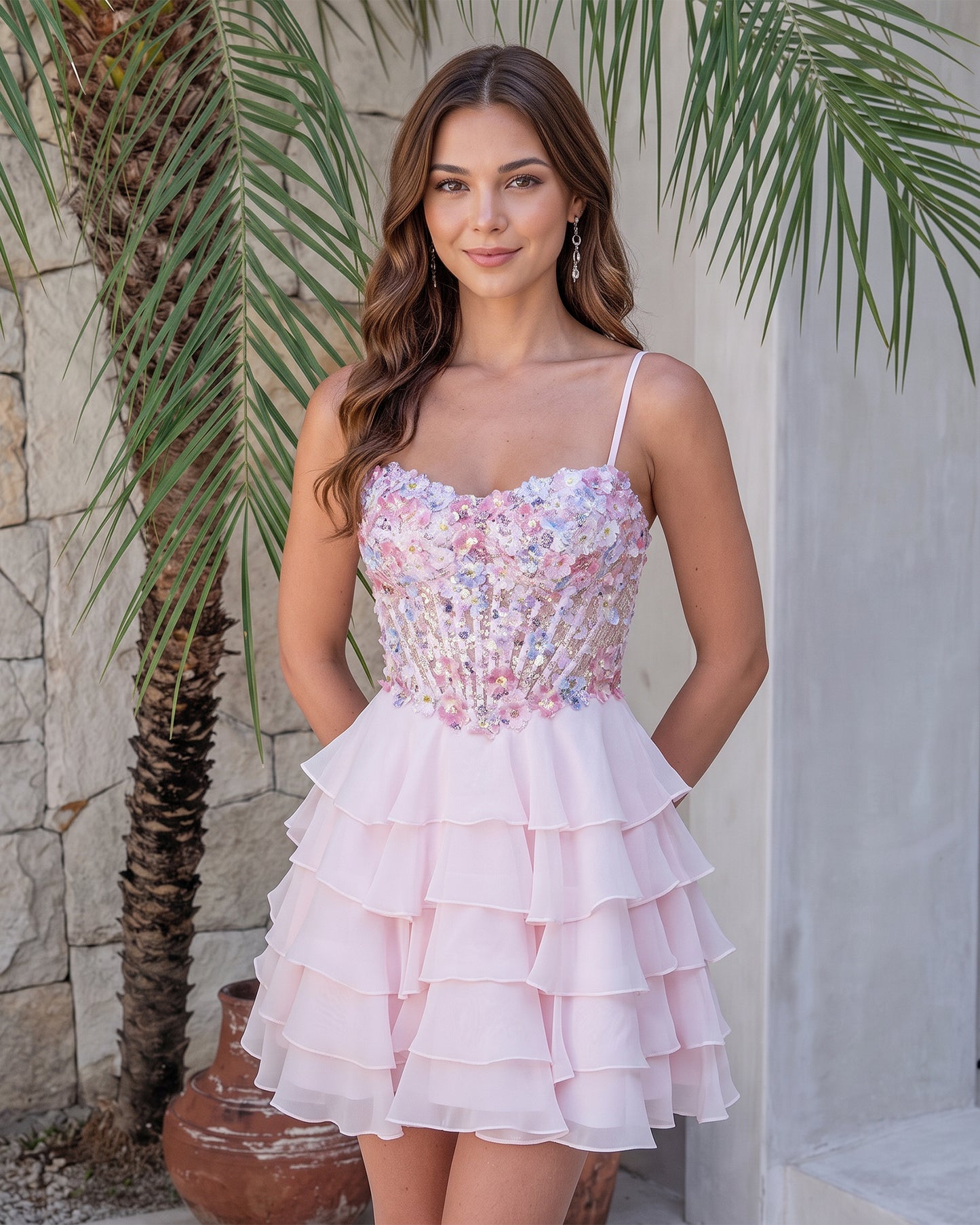 Spaghetti Strap Floral Embroidered Corset Ruffle Mini Homecoming Dress - front view